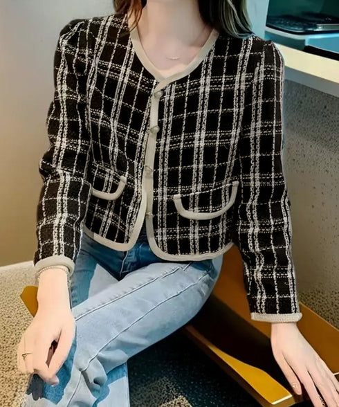 韓国風ツイードジャケット ライトアウター チェック柄ショートジャケットレディース カジュアル春秋上着 おしゃれ きれいめ 通勤服OL羽織り 着やせアウター 細見え 6QINGROU-002